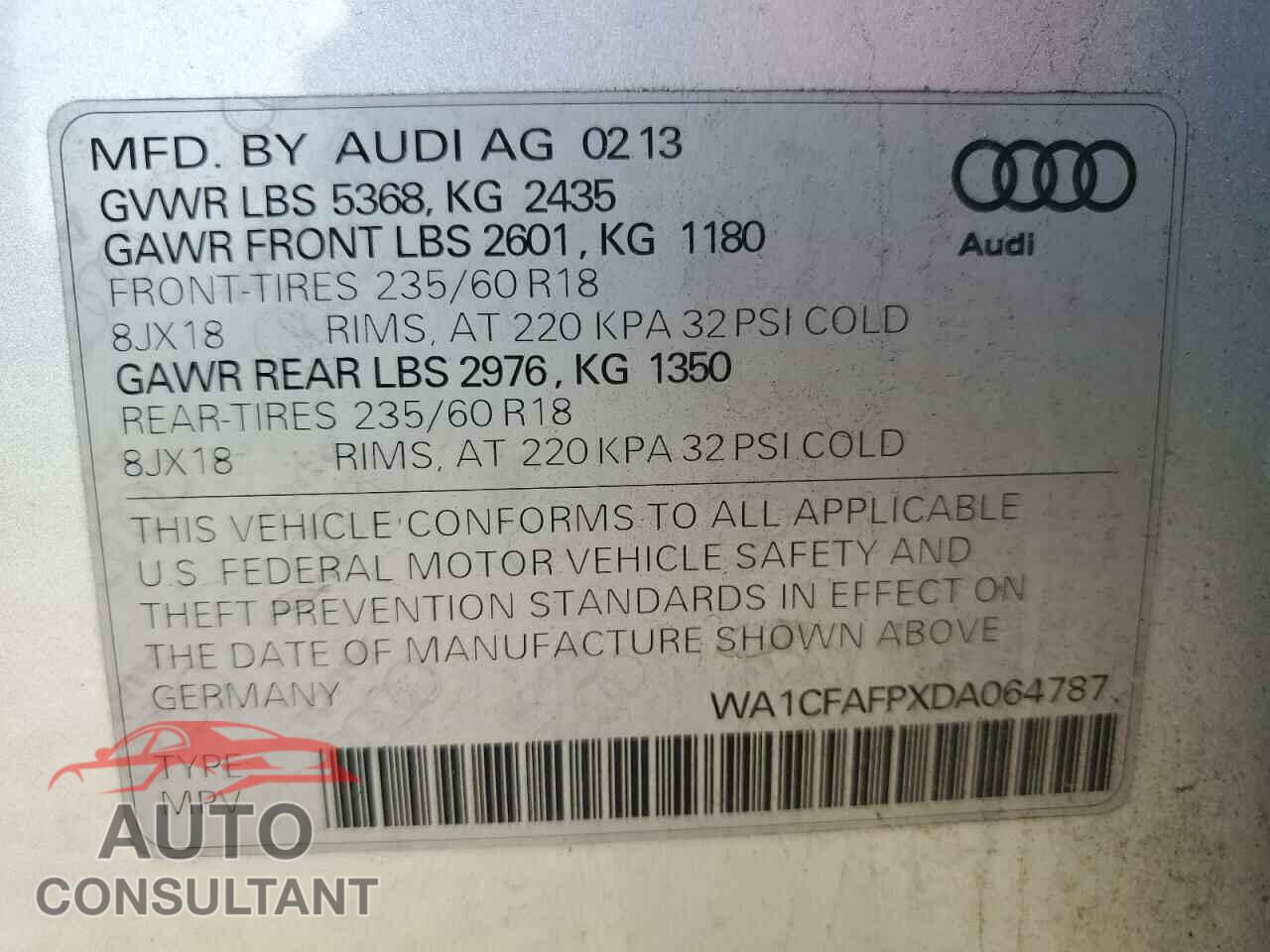 AUDI Q5 2013 - WA1CFAFPXDA064787