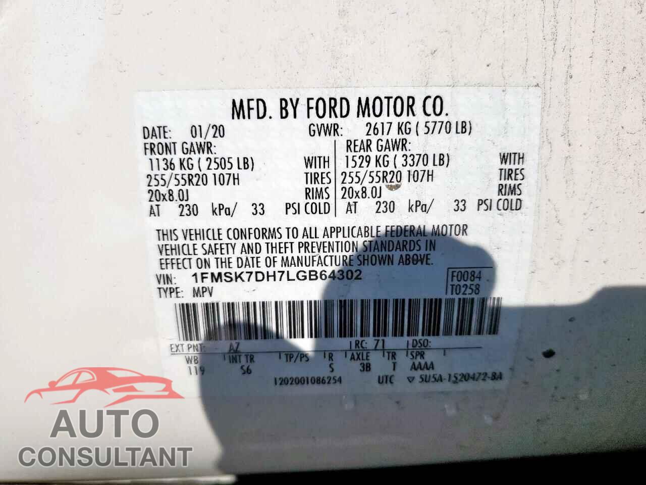 FORD EXPLORER 2020 - 1FMSK7DH7LGB64302