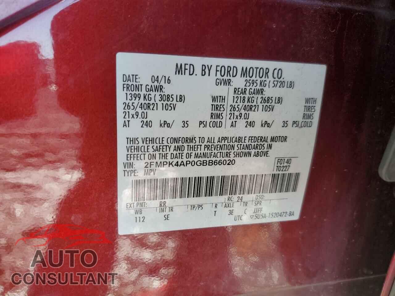 FORD EDGE 2016 - 2FMPK4AP0GBB66020