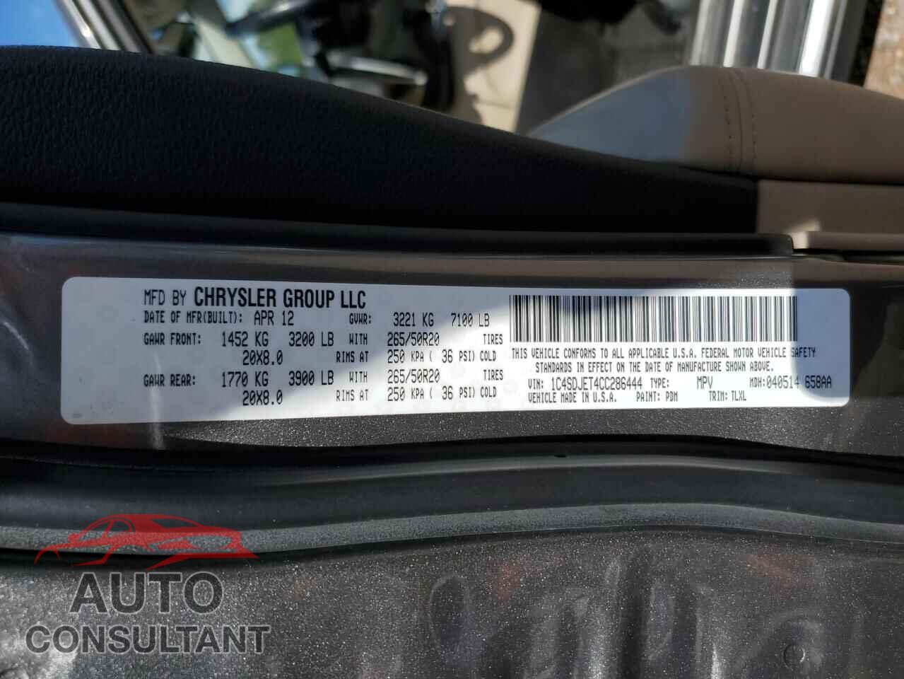 DODGE DURANGO 2012 - 1C4SDJET4CC286444