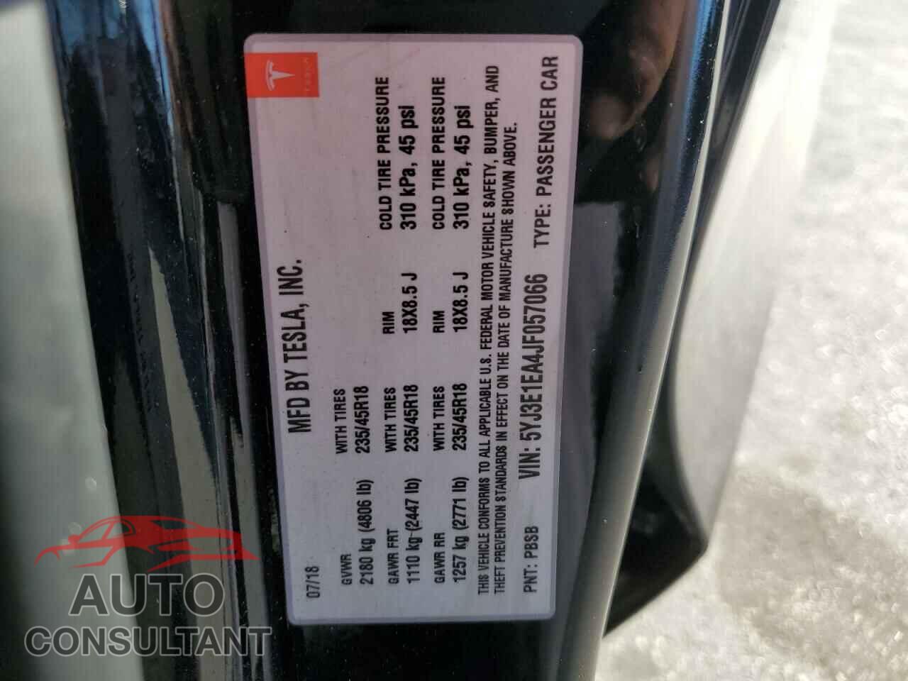TESLA MODEL 3 2018 - 5YJ3E1EA4JF057066
