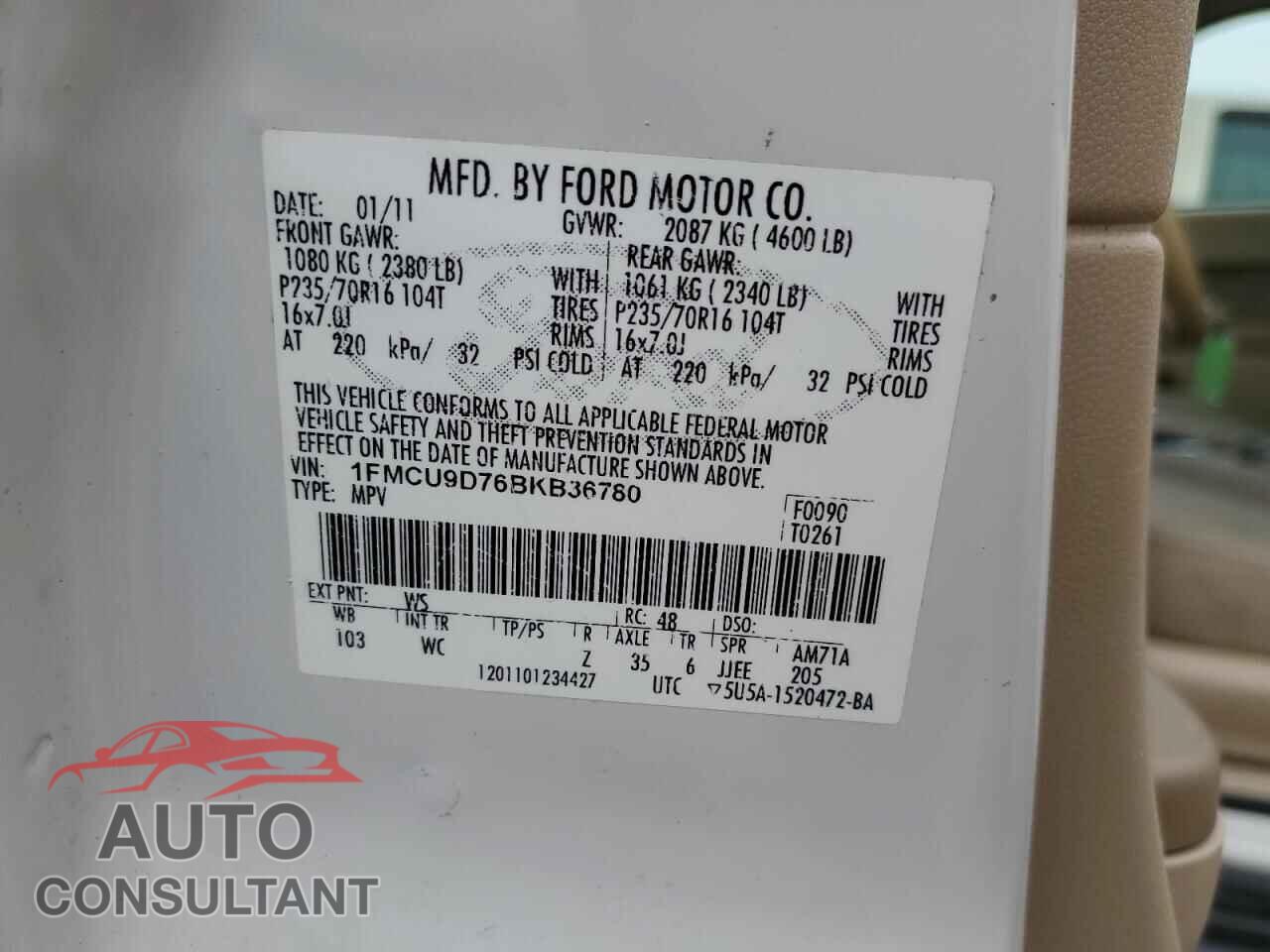 FORD ESCAPE 2011 - 1FMCU9D76BKB36780