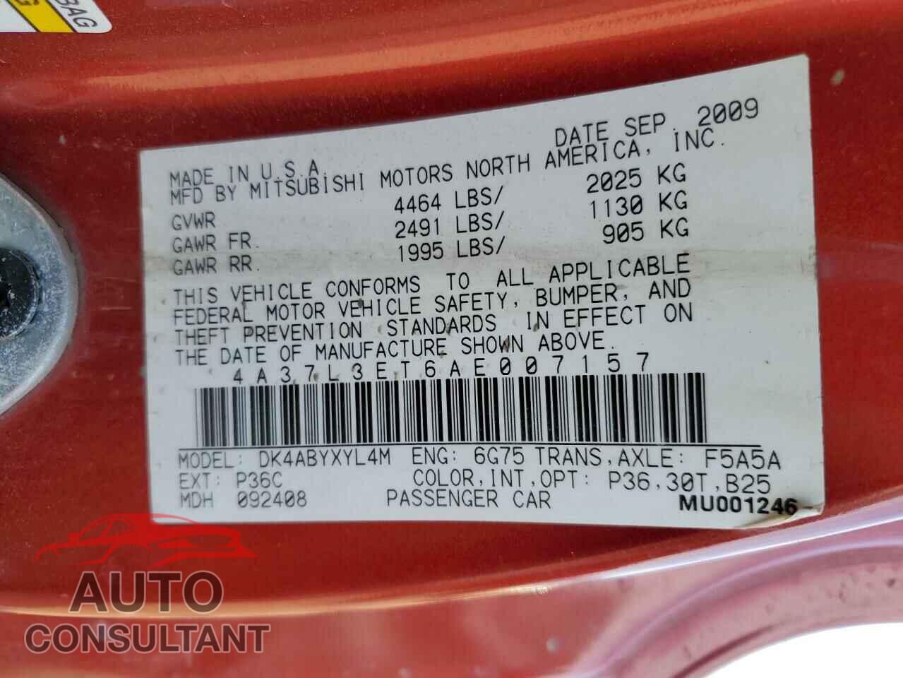 MITSUBISHI ECLIPSE 2010 - 4A37L3ET6AE007157