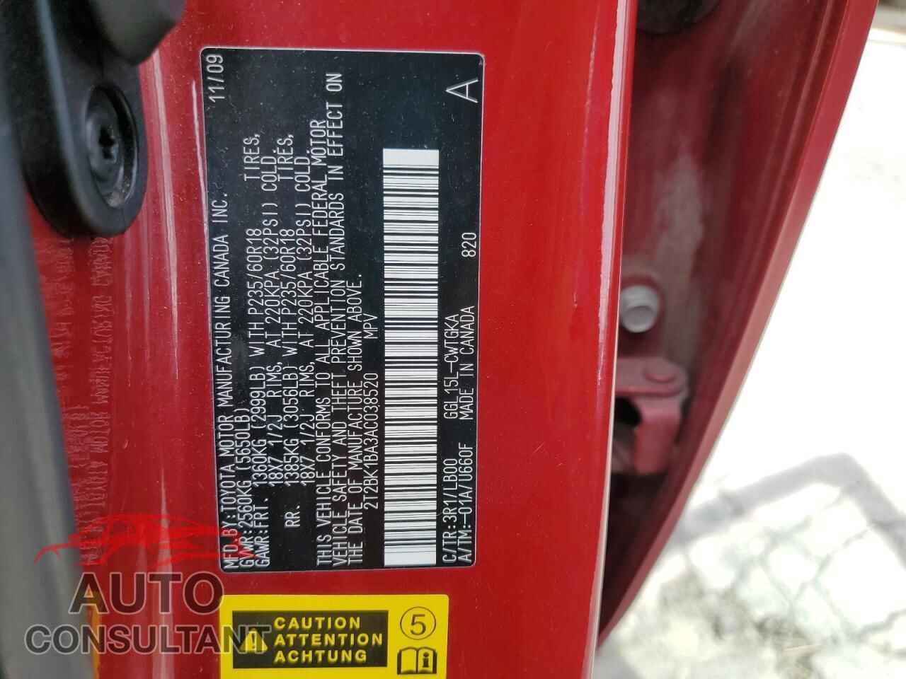 LEXUS RX350 2010 - 2T2BK1BA3AC038520