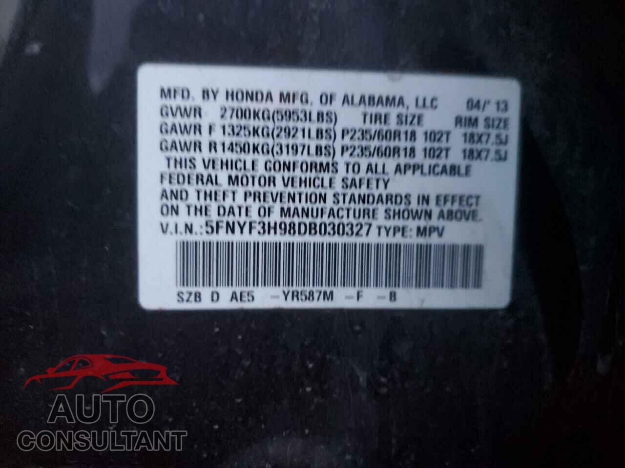 HONDA PILOT 2013 - 5FNYF3H98DB030327