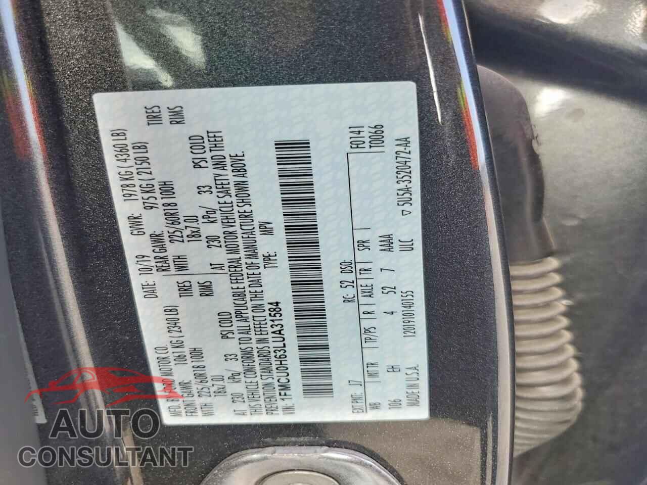 FORD ESCAPE 2020 - 1FMCU0H63LUA31584