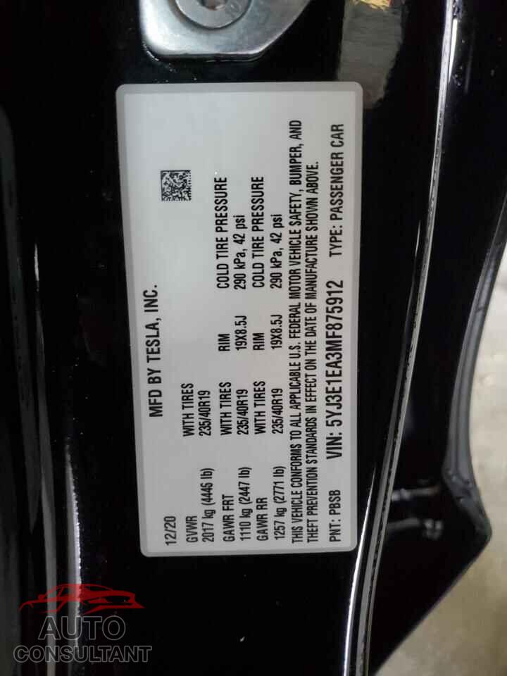 TESLA MODEL 3 2021 - 5YJ3E1EA3MF875912