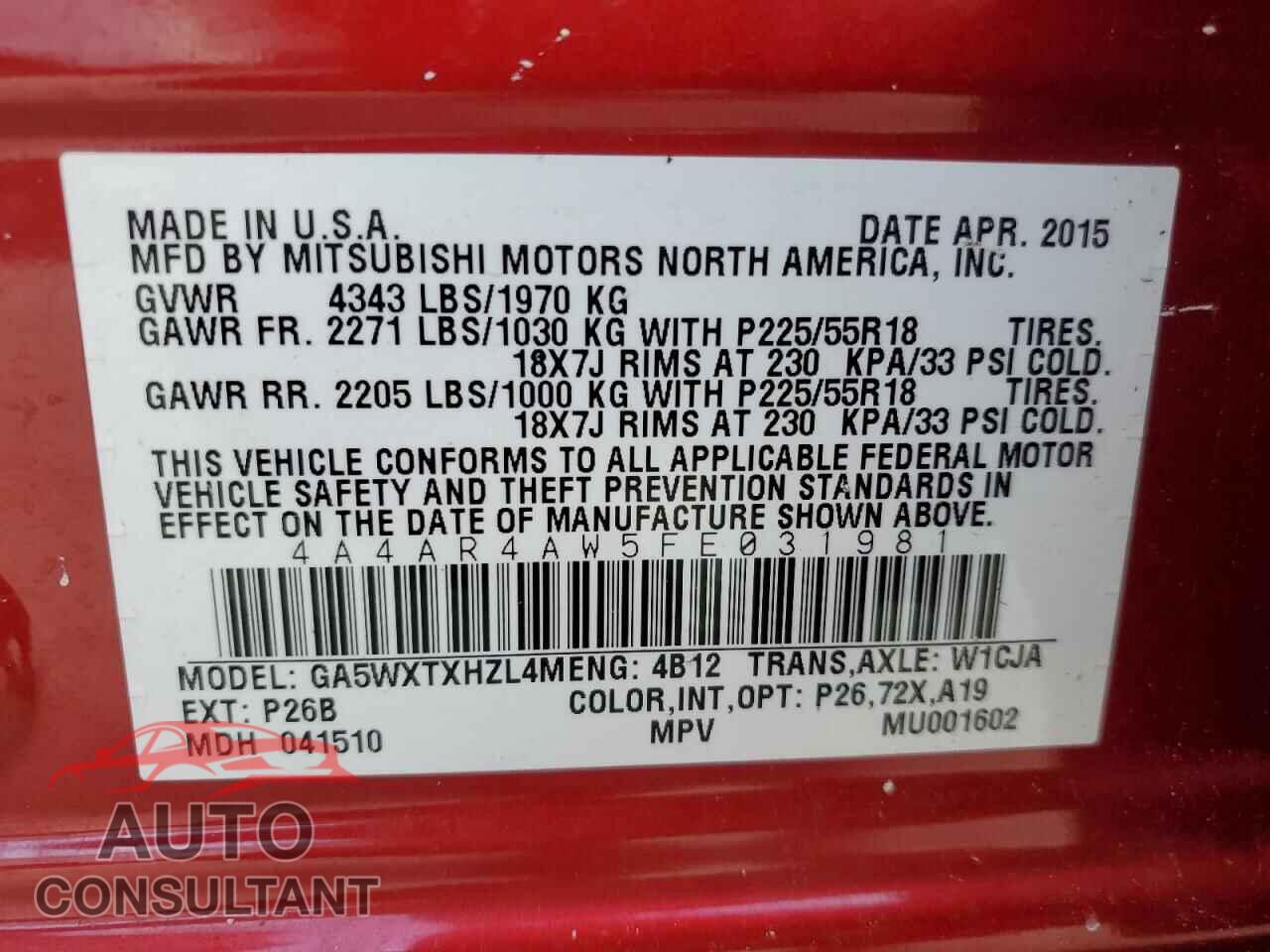 MITSUBISHI OUTLANDER 2015 - 4A4AR4AW5FE031981