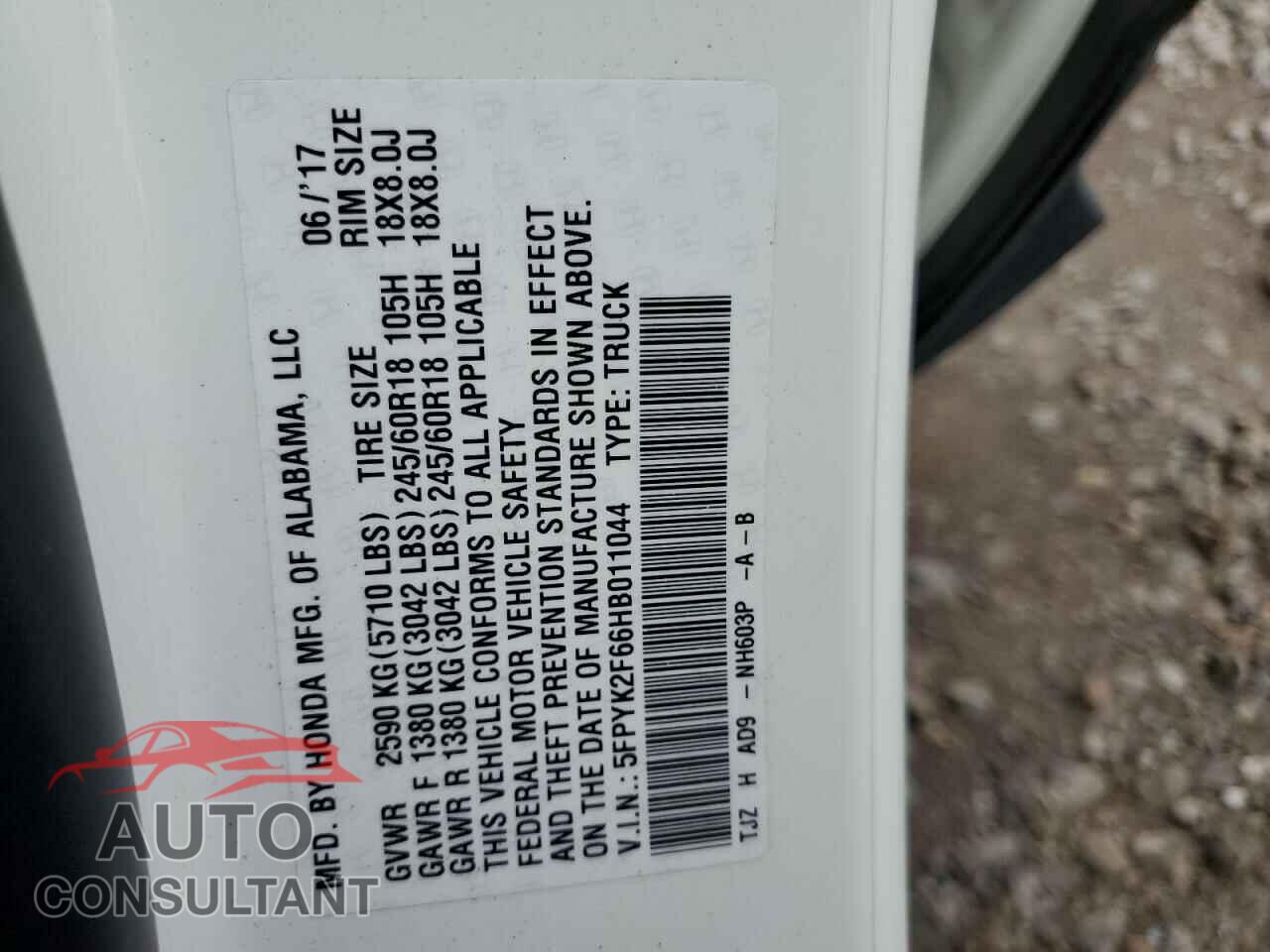 HONDA RIDGELINE 2017 - 5FPYK2F66HB011044