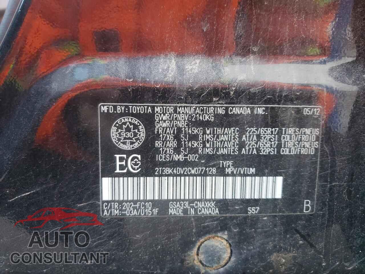 TOYOTA RAV4 2012 - 2T3BK4DV2CW077128