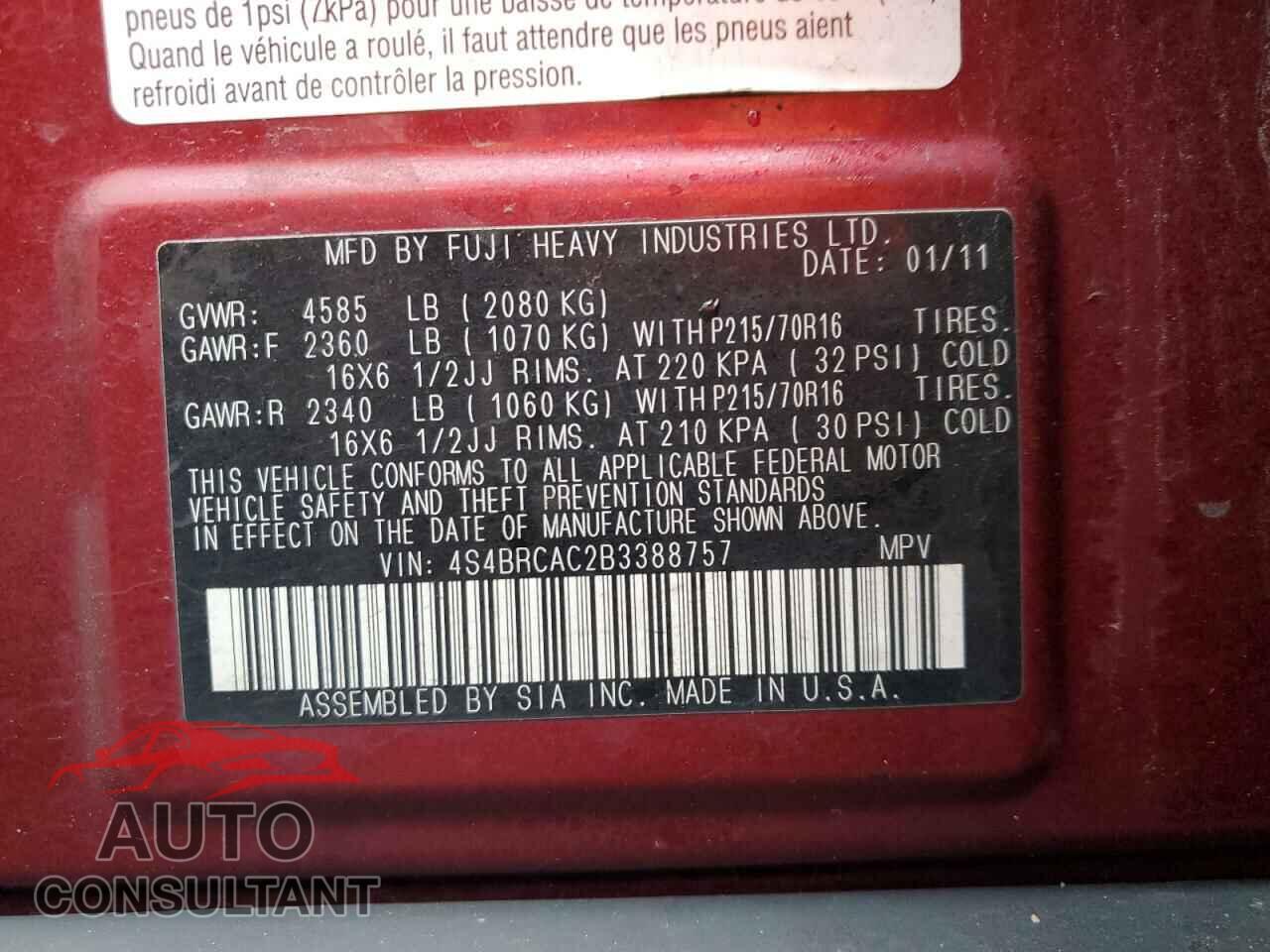SUBARU OUTBACK 2011 - 4S4BRCAC2B3388757