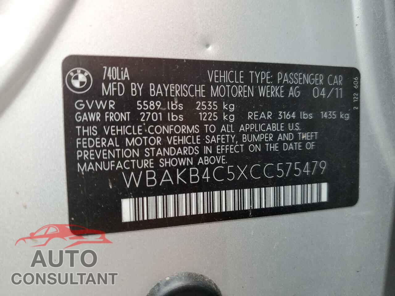 BMW 7 SERIES 2012 - WBAKB4C5XCC575479