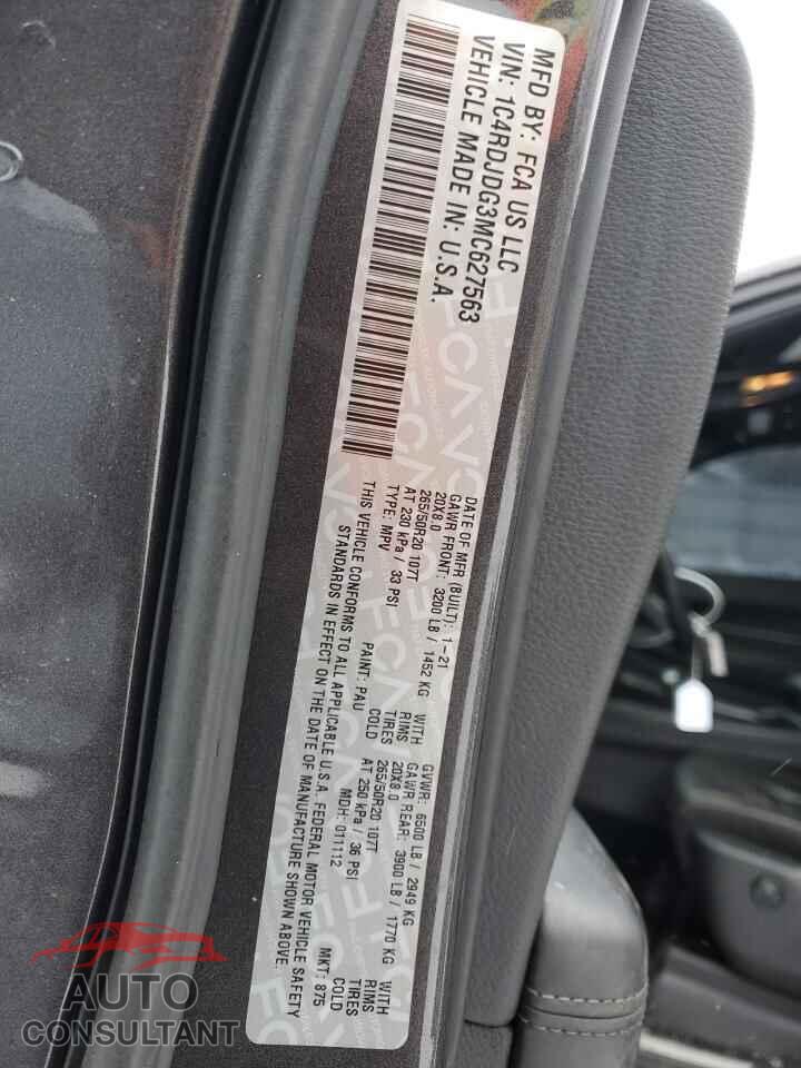 DODGE DURANGO 2021 - 1C4RDJDG3MC627563