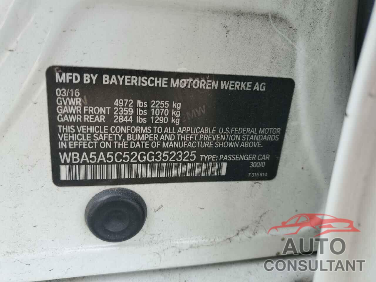 BMW 5 SERIES 2016 - WBA5A5C52GG352325