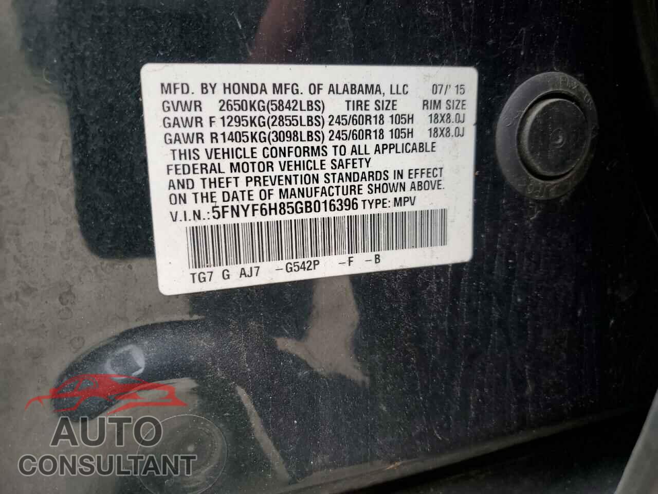 HONDA PILOT 2016 - 5FNYF6H85GB016396