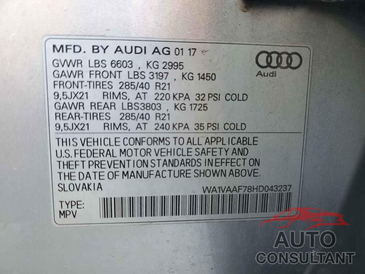 AUDI Q7 2017 - WA1VAAF78HD043237