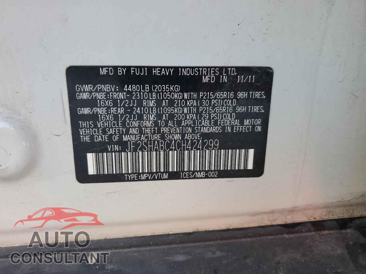 SUBARU FORESTER 2012 - JF2SHABC4CH424299