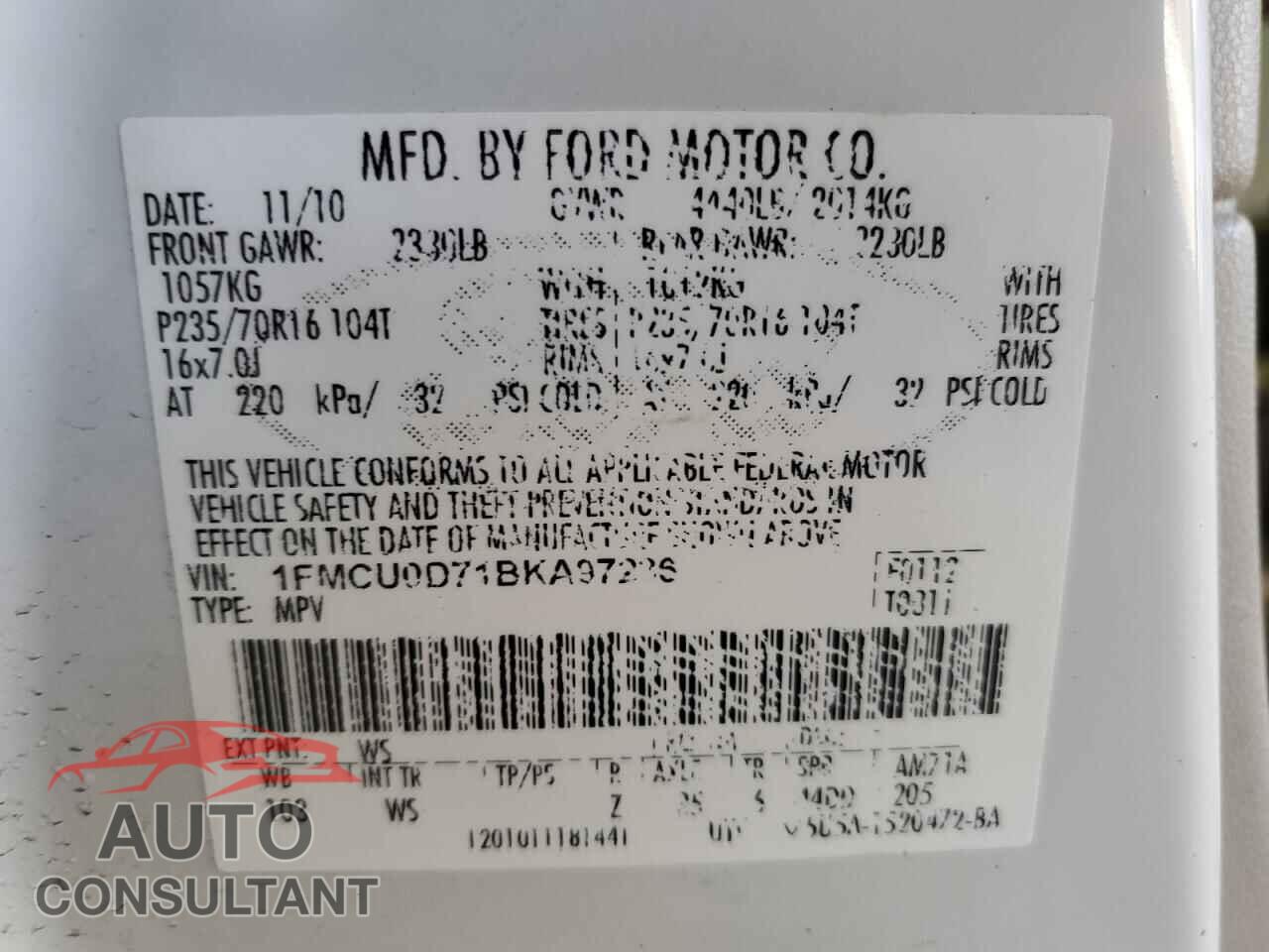 FORD ESCAPE 2011 - 1FMCU0D71BKA97236