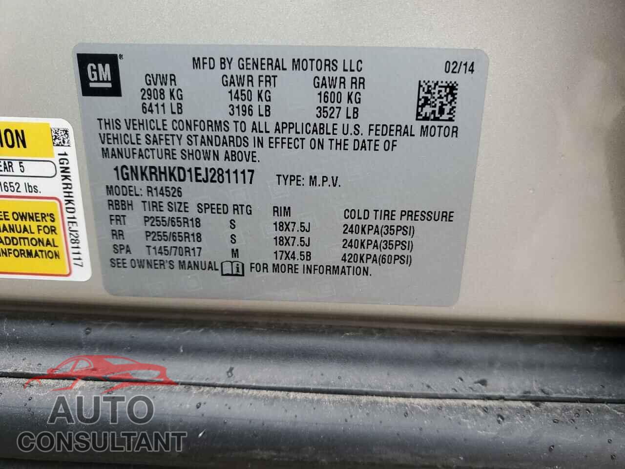 CHEVROLET TRAVERSE 2014 - 1GNKRHKD1EJ281117
