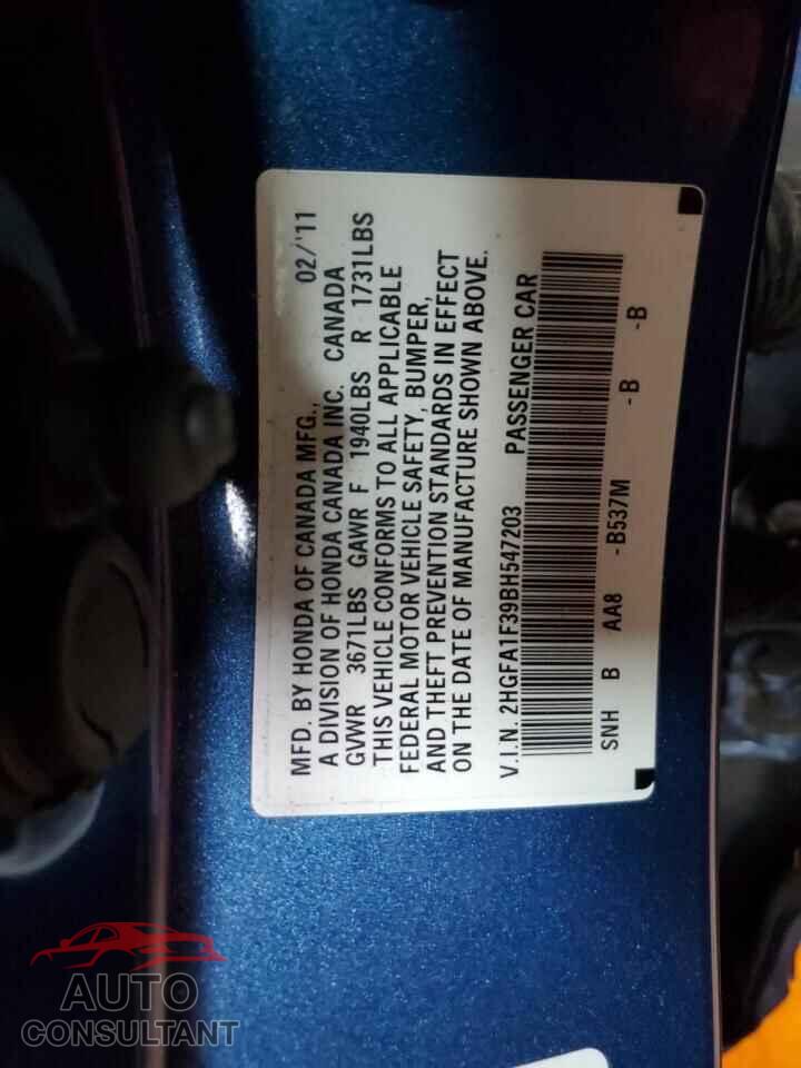 HONDA CIVIC 2011 - 2HGFA1F39BH547203
