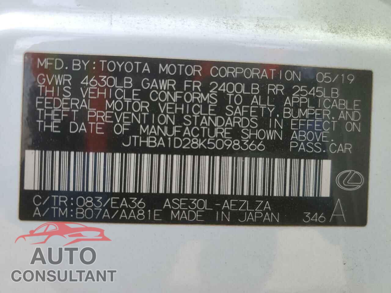 LEXUS IS 2019 - JTHBA1D28K5098366