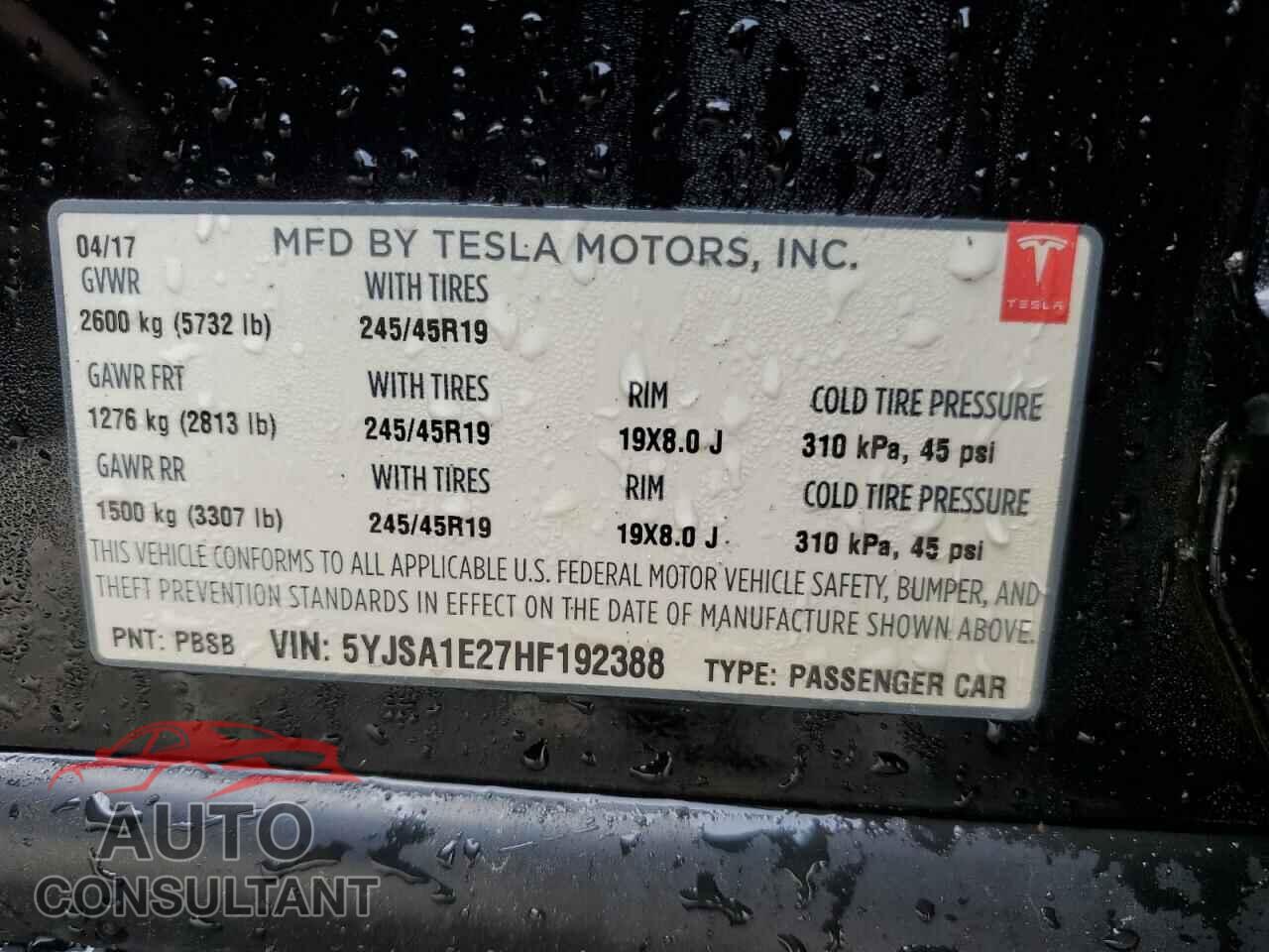 TESLA MODEL S 2017 - 5YJSA1E27HF192388