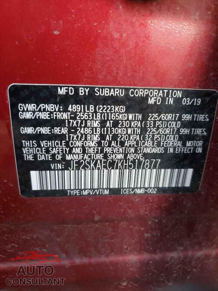 SUBARU FORESTER 2019 - JF2SKAEC7KH517877