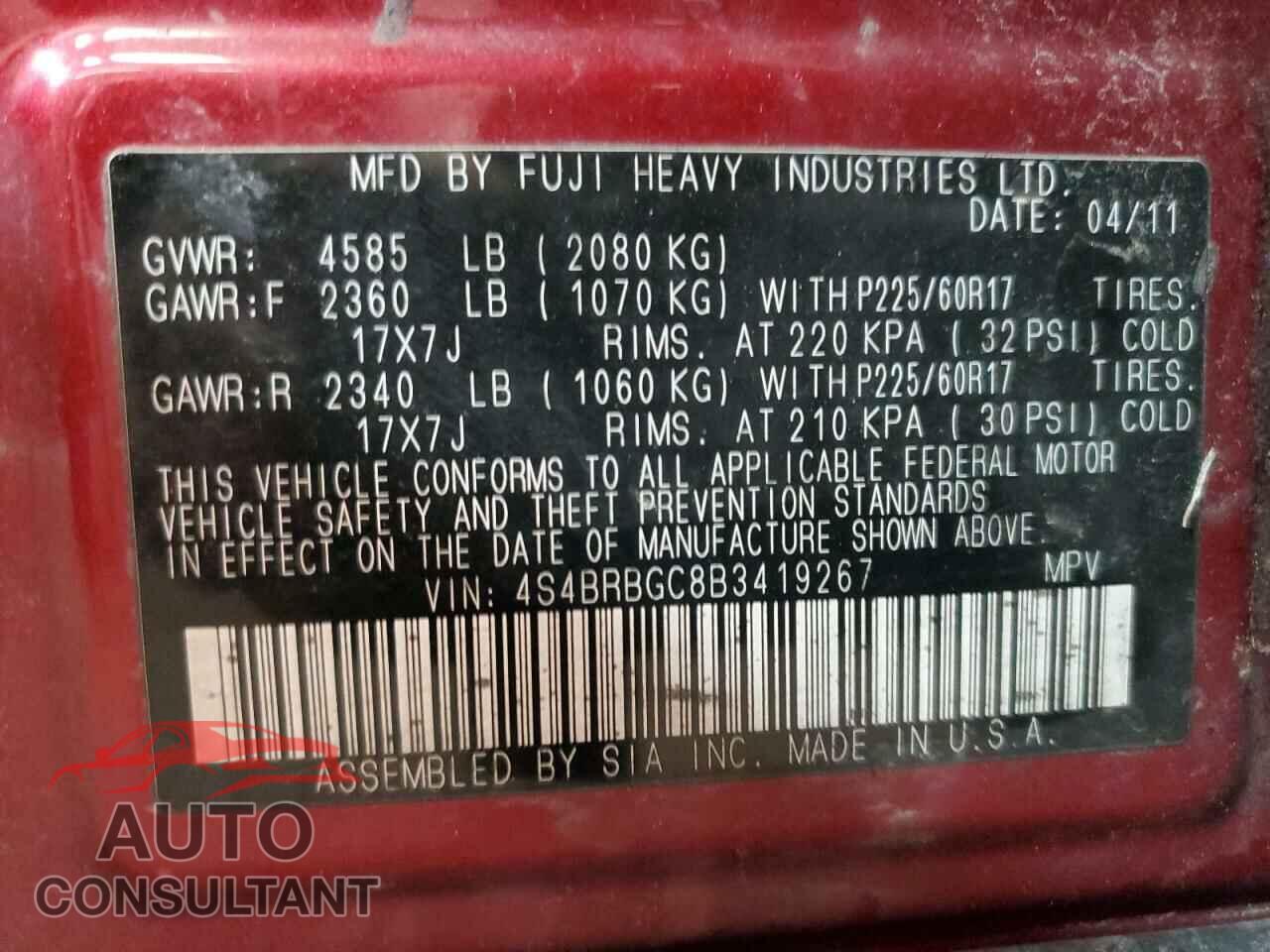SUBARU OUTBACK 2011 - 4S4BRBGC8B3419267