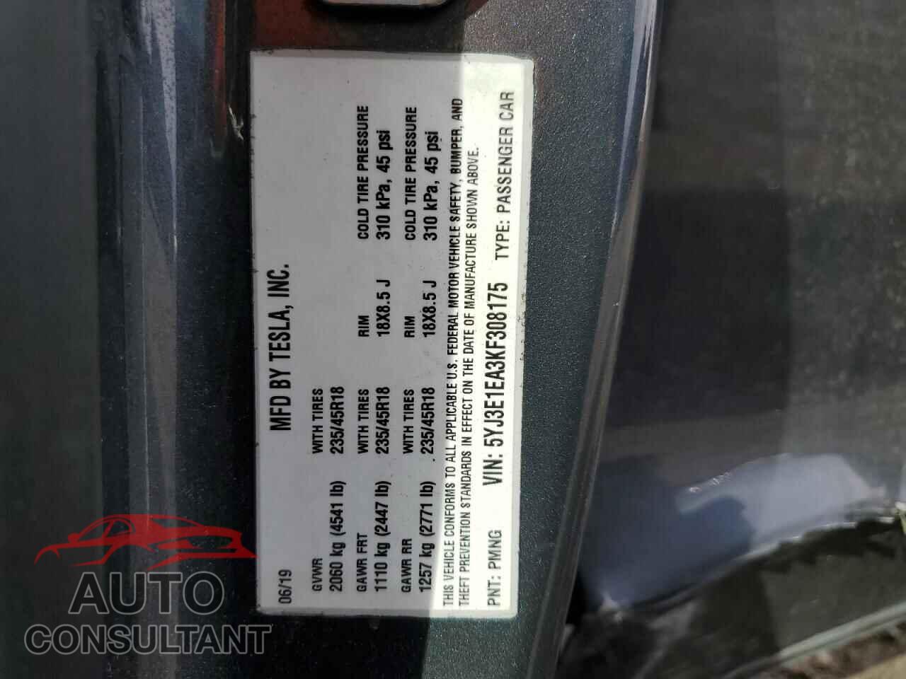 TESLA MODEL 3 2019 - 5YJ3E1EA3KF308175