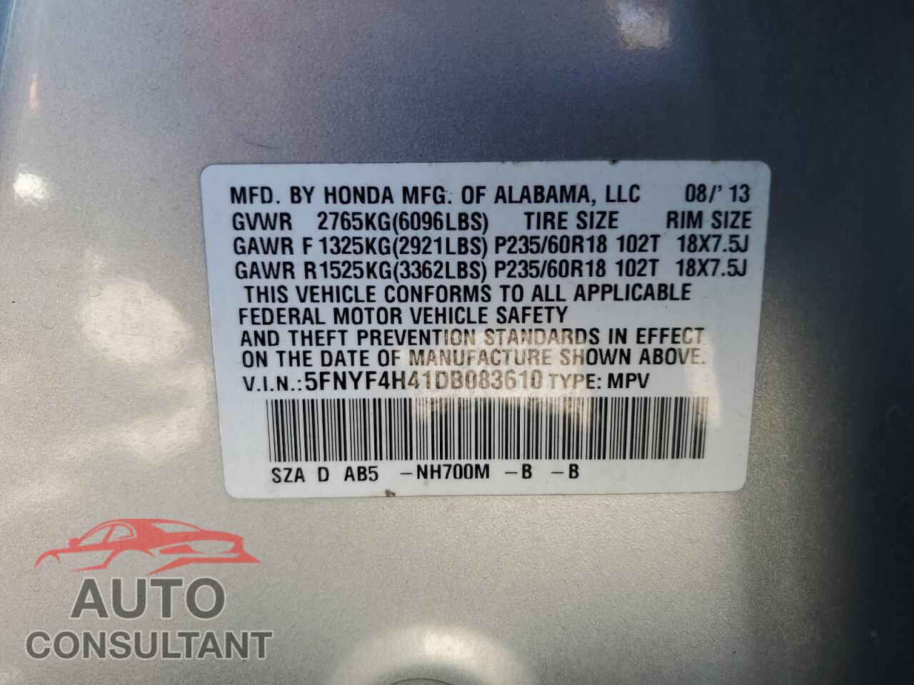 HONDA PILOT 2013 - 5FNYF4H41DB083610