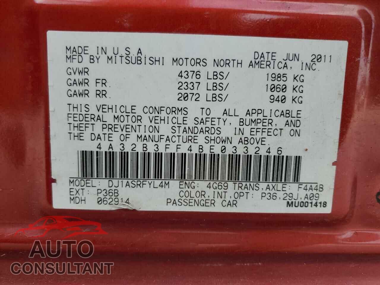 MITSUBISHI GALANT 2011 - 4A32B3FF4BE033246