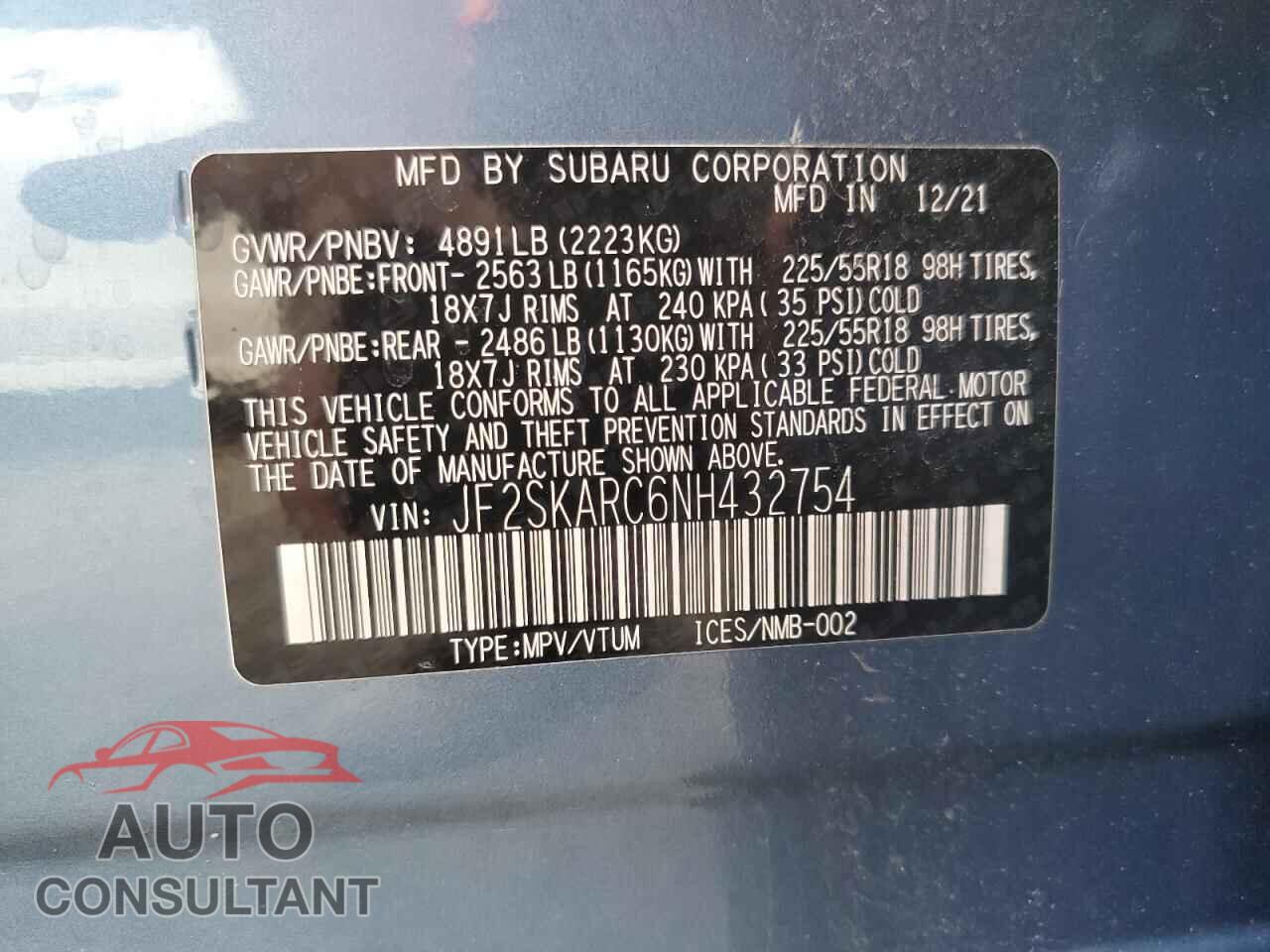 SUBARU FORESTER 2022 - JF2SKARC6NH432754