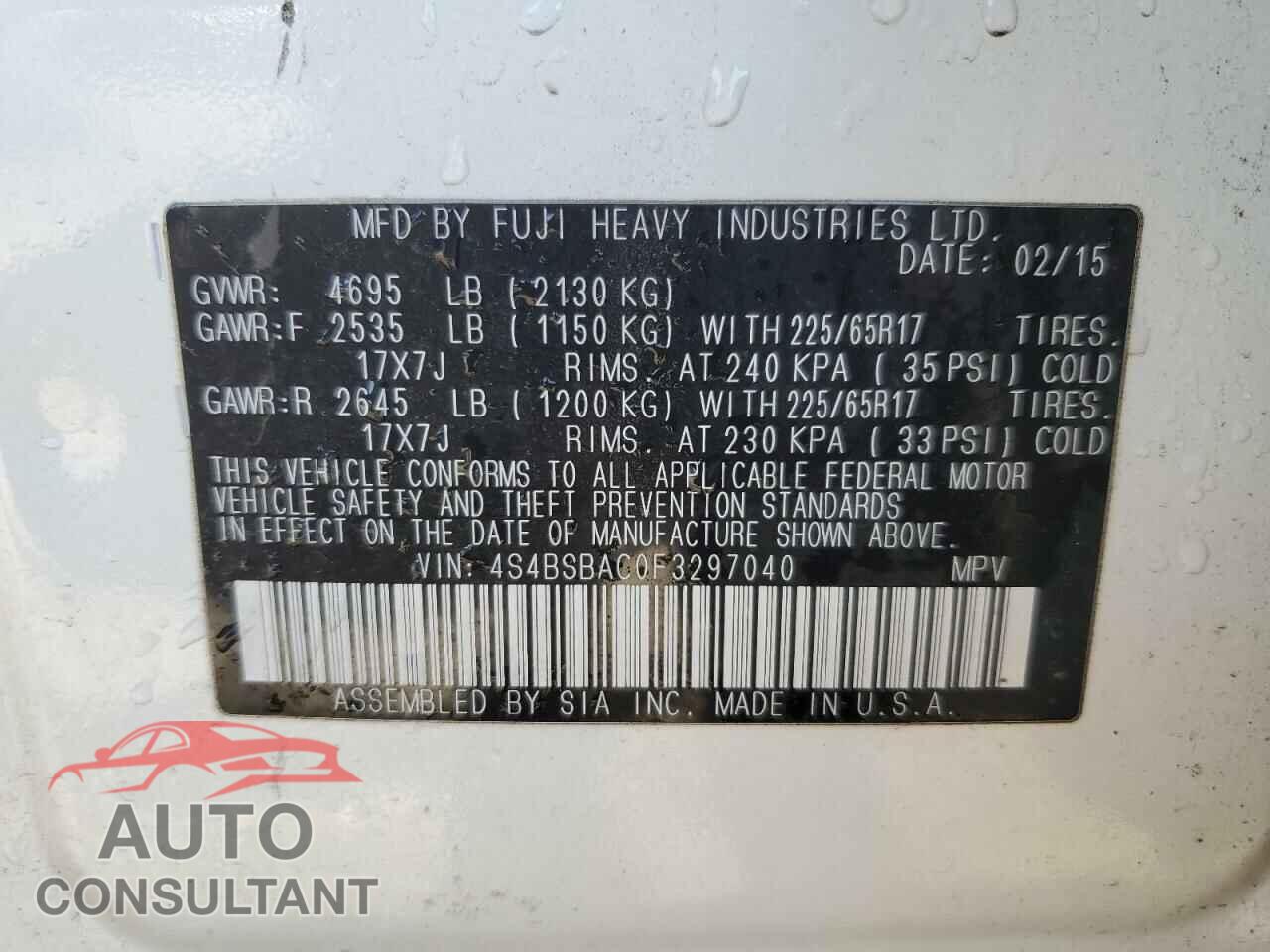SUBARU OUTBACK 2015 - 4S4BSBAC0F3297040