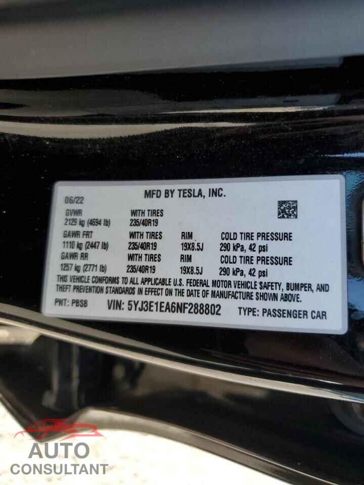 TESLA MODEL 3 2022 - 5YJ3E1EA6NF288802