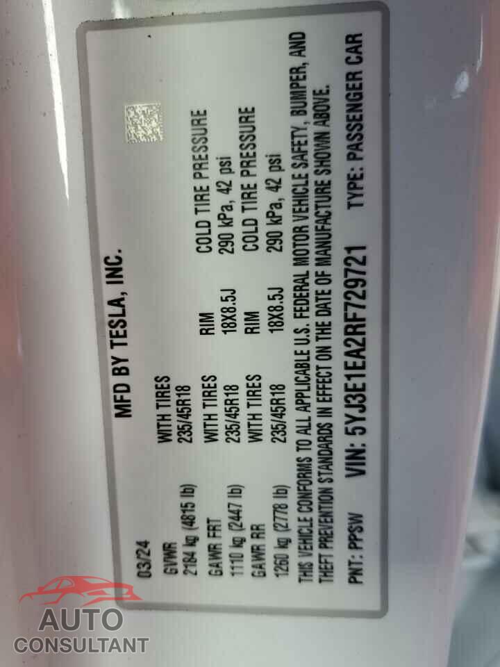 TESLA MODEL 3 2024 - 5YJ3E1EA2RF729721