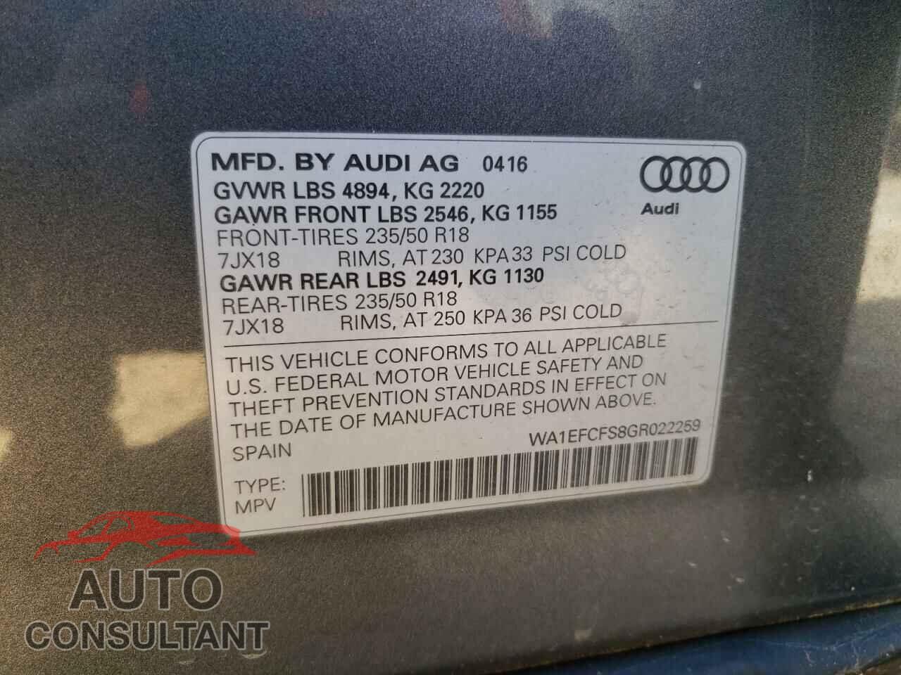 AUDI Q3 2016 - WA1EFCFS8GR022259