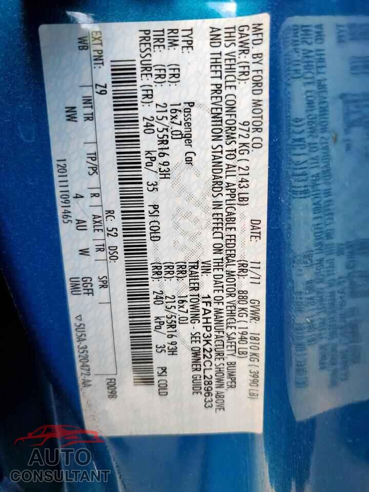 FORD FOCUS 2012 - 1FAHP3K22CL289633