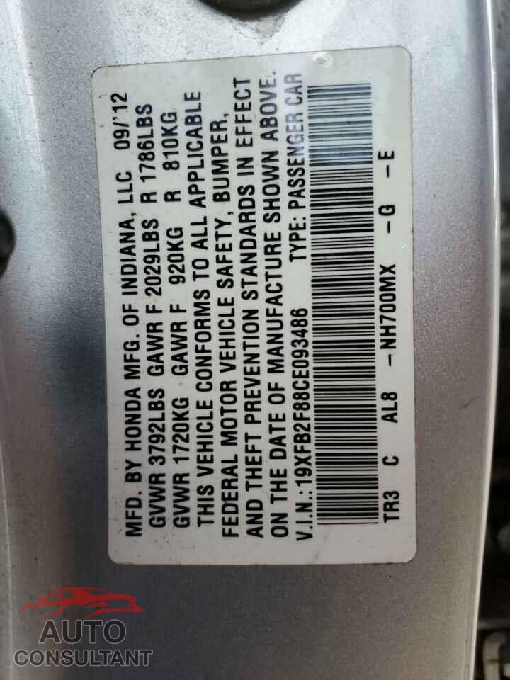 HONDA CIVIC 2012 - 19XFB2F88CE093486