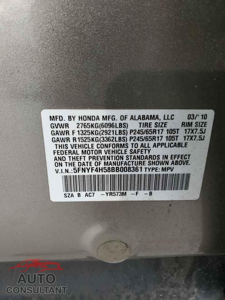 HONDA PILOT 2011 - 5FNYF4H58BB008361