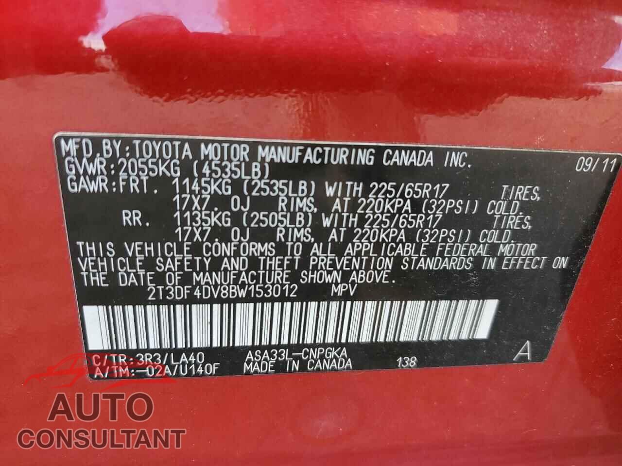 TOYOTA RAV4 2011 - 2T3DF4DV8BW153012