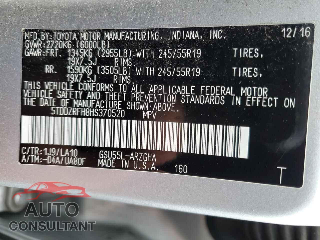 TOYOTA HIGHLANDER 2017 - 5TDDZRFH8HS370520