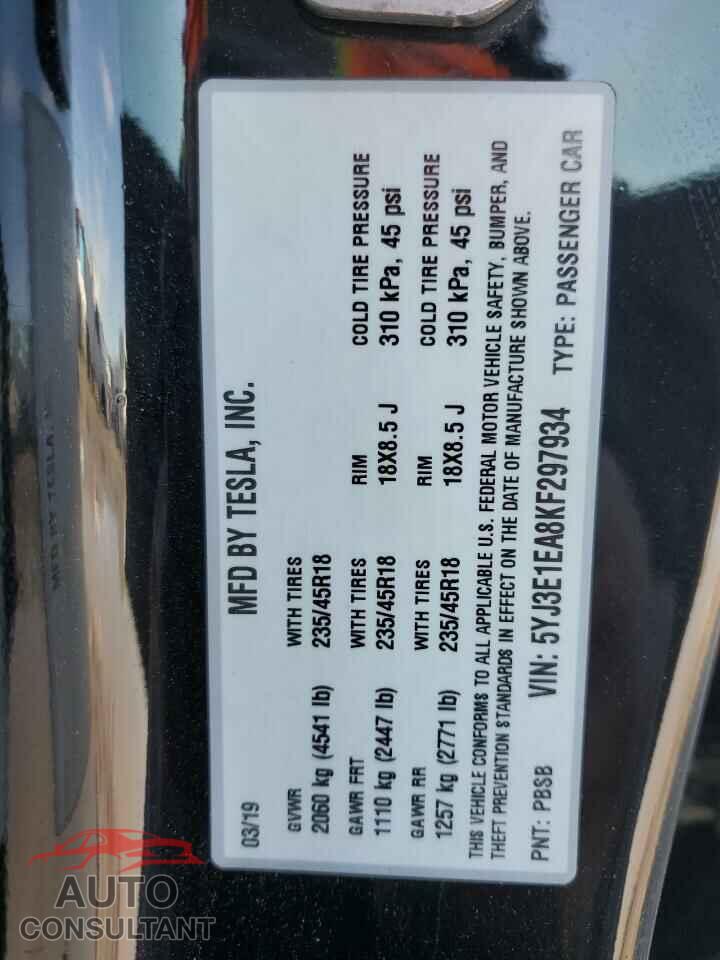 TESLA MODEL 3 2019 - 5YJ3E1EA8KF297934