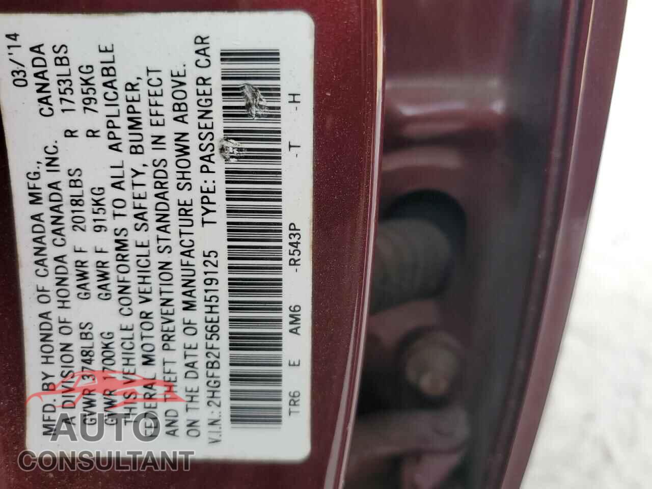 HONDA CIVIC 2014 - 2HGFB2F56EH519125