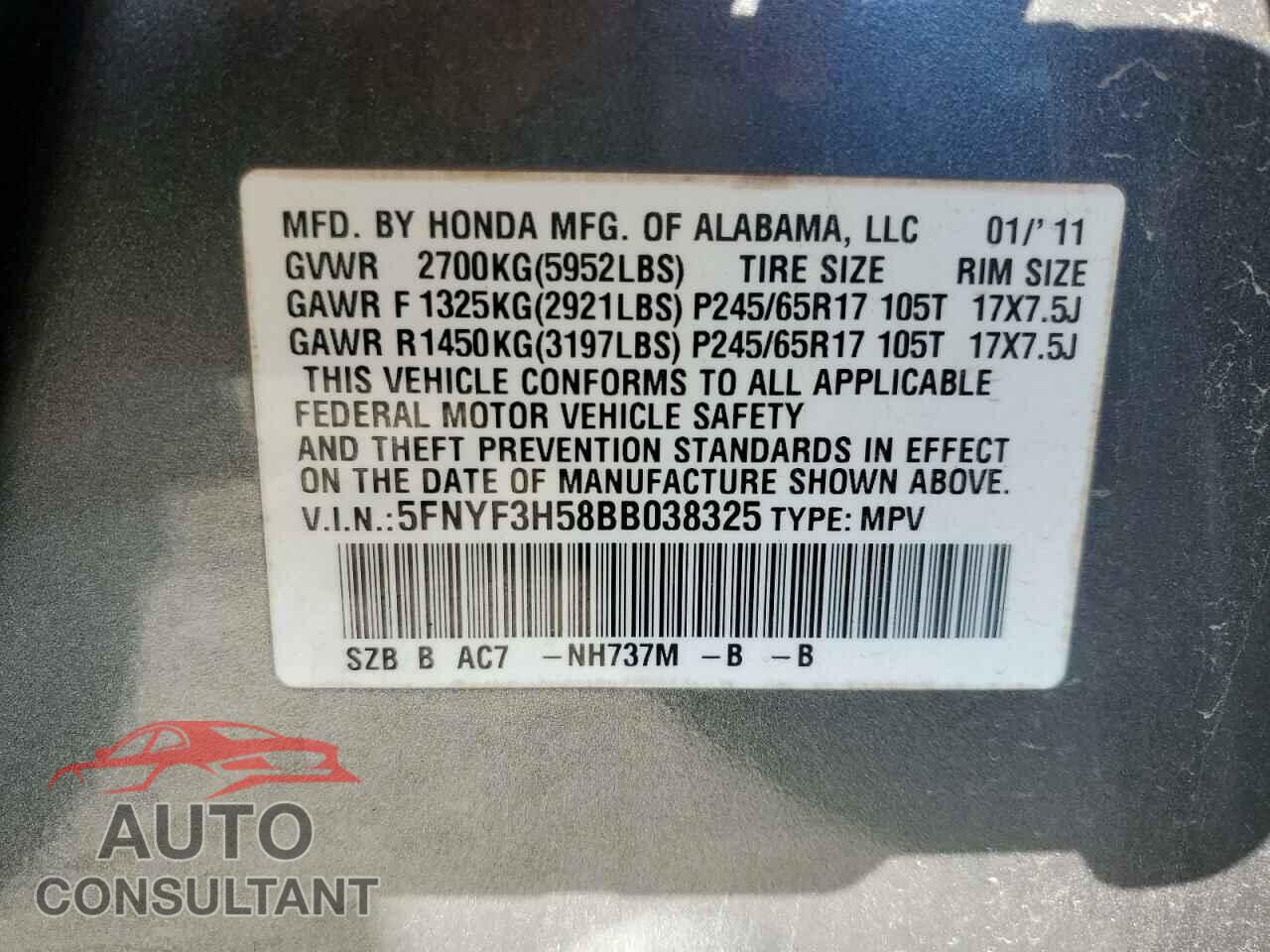 HONDA PILOT 2011 - 5FNYF3H58BB038325
