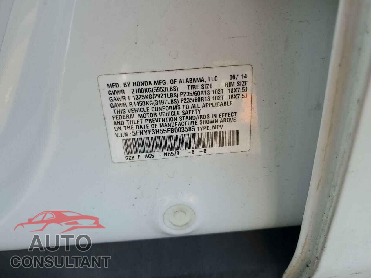 HONDA PILOT 2015 - 5FNYF3H55FB003585