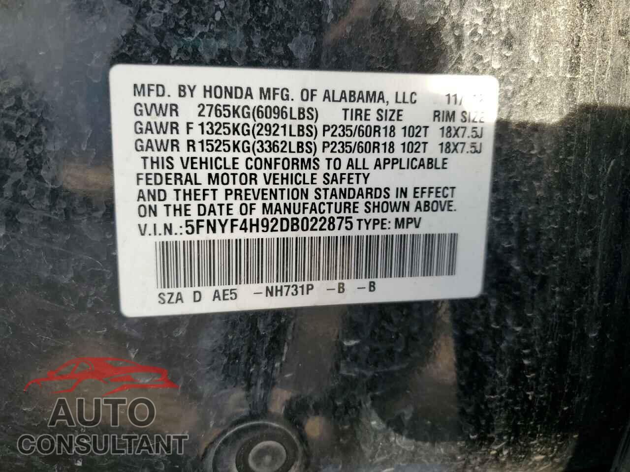 HONDA PILOT 2013 - 5FNYF4H92DB022875
