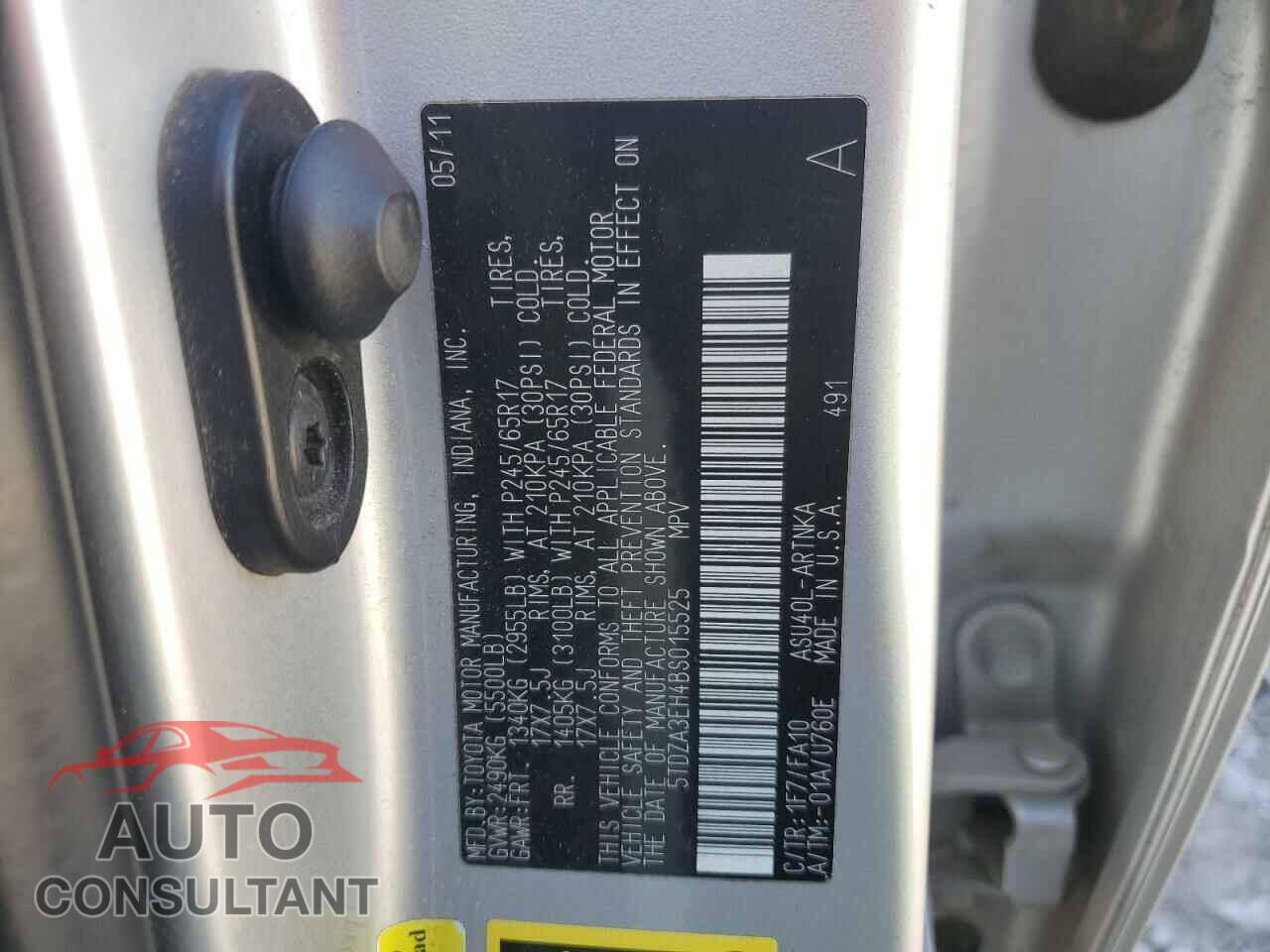 TOYOTA HIGHLANDER 2011 - 5TDZA3EH4BS015525
