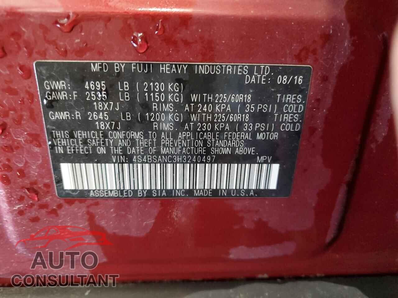 SUBARU OUTBACK 2017 - 4S4BSANC3H3240497
