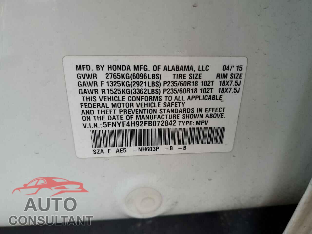 HONDA PILOT 2015 - 5FNYF4H92FB072842
