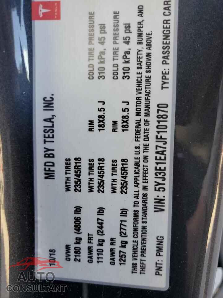 TESLA MODEL 3 2018 - 5YJ3E1EA7JF101870